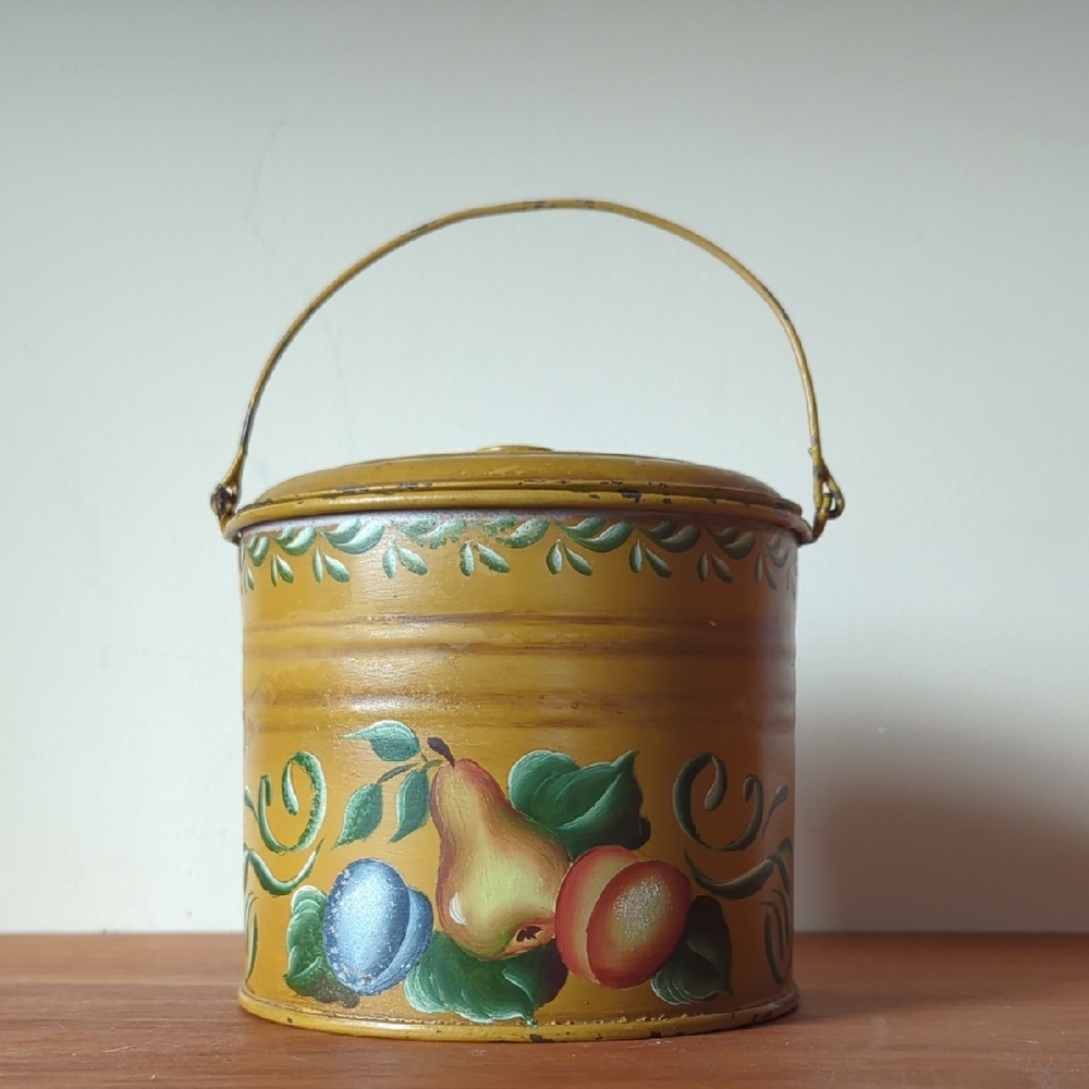 Small Vintage Tolleware Tin  Country Yellow Fruit Design Hand Painted And Signed